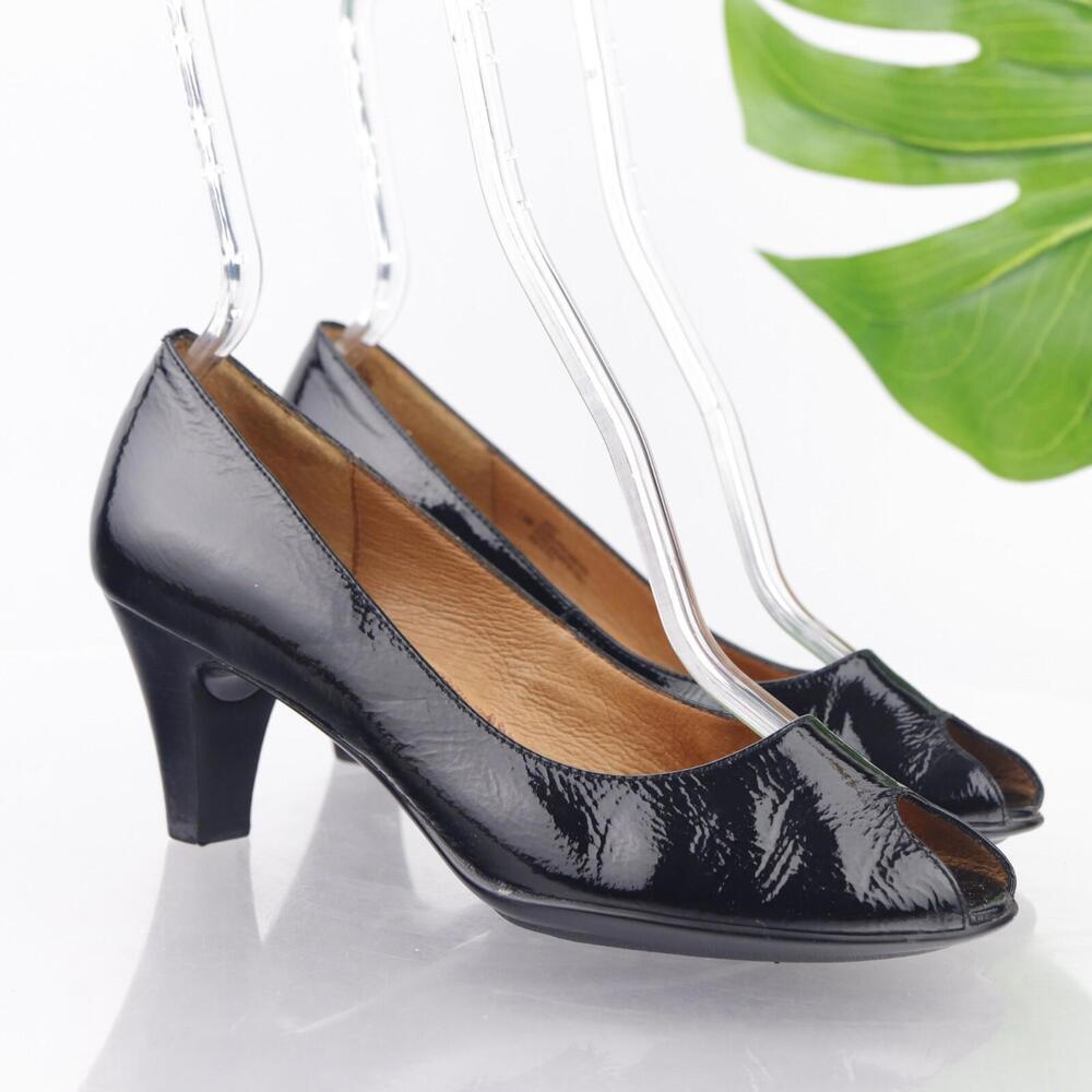 Sofft Womens‎ Pumps Size 7.5 Black Patent Block Heel Peep Toe Retro Dress Shoes